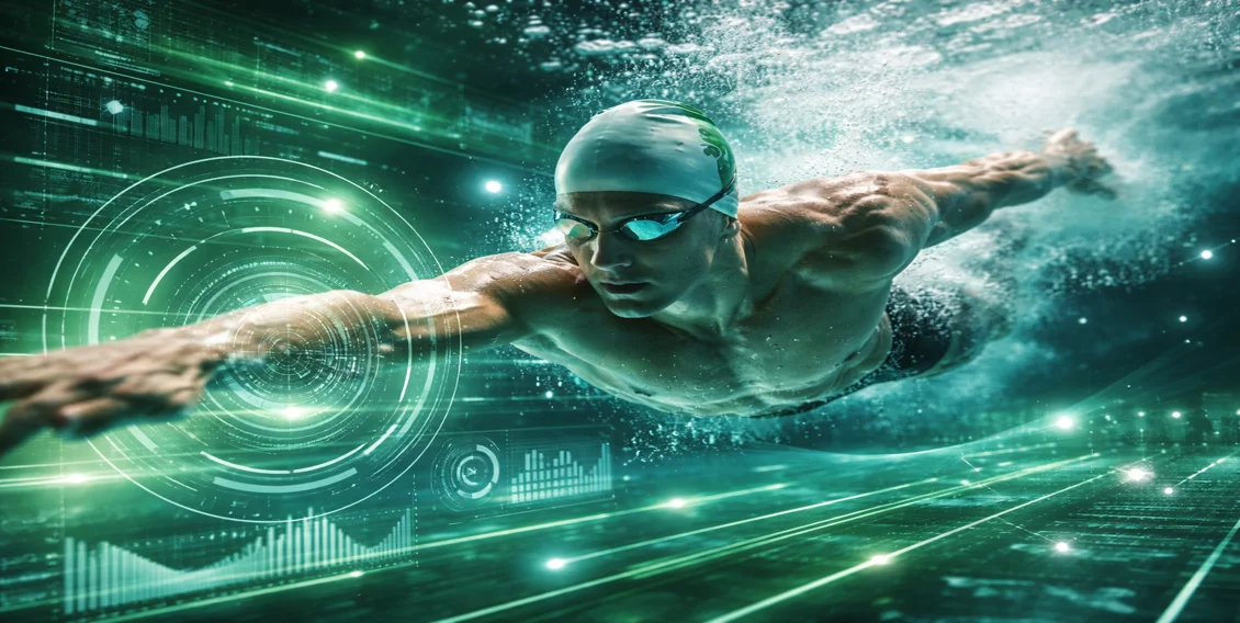 Swimmer with AI analytics overlay